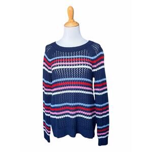 Talbots 100% Cotton Blue/Multi-Colored Striped Open Stitch Crewneck Sweater NWT